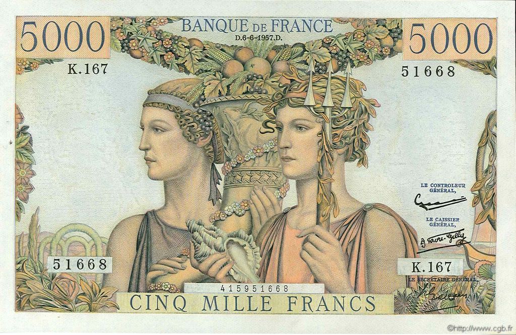 5000 Francs TERRE ET MER FRANCIA  1957 F.48.15 SPL a AU