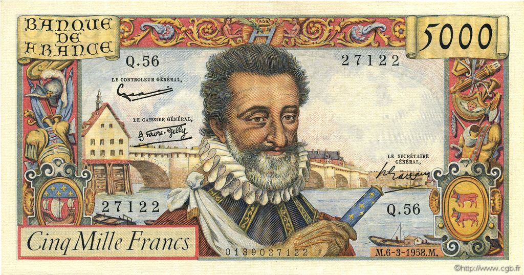 5000 Francs HENRI IV FRANKREICH  1958 F.49.06 fST