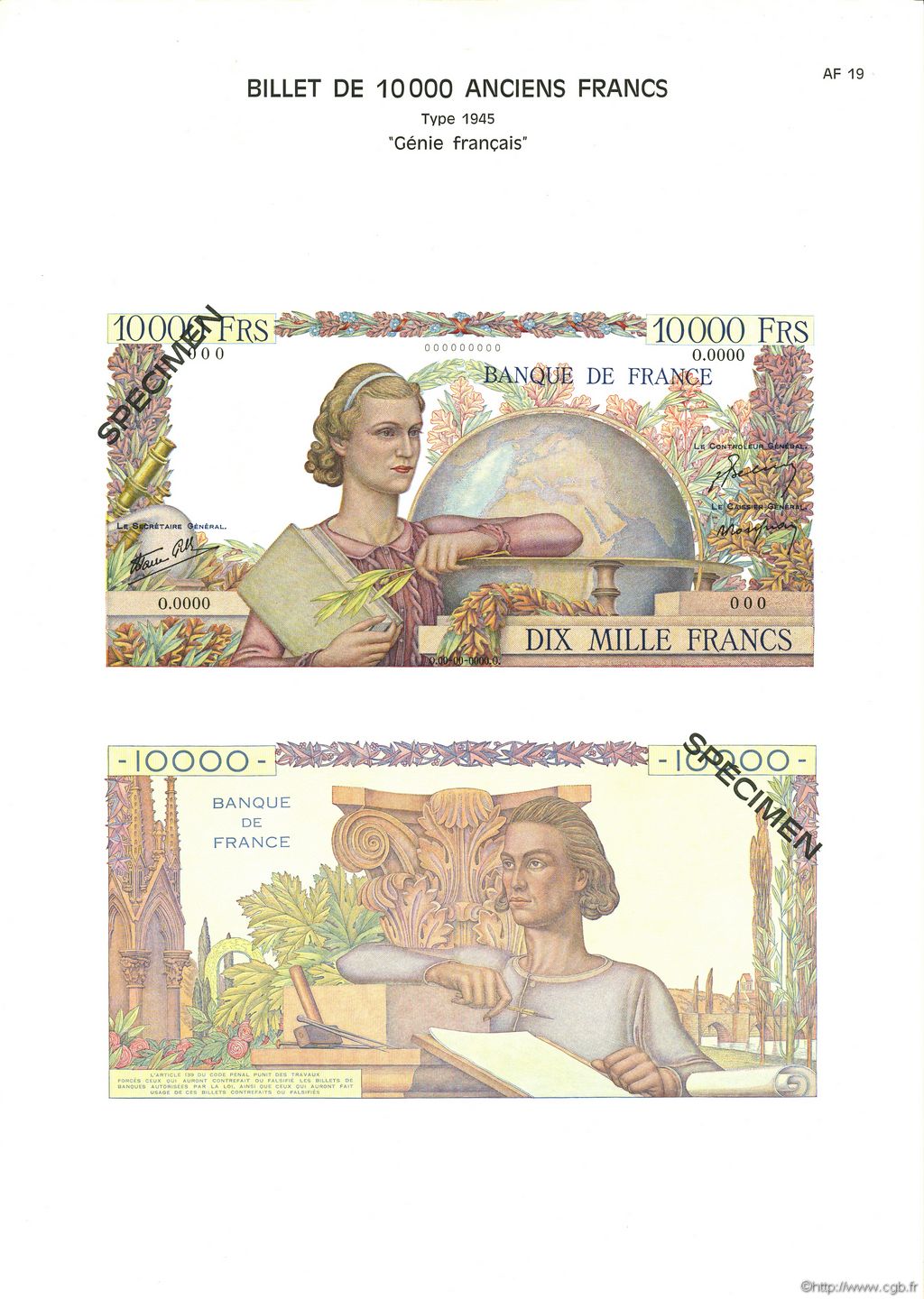 10000 Francs GÉNIE FRANÇAIS FRANKREICH  1975 F.50pl ST