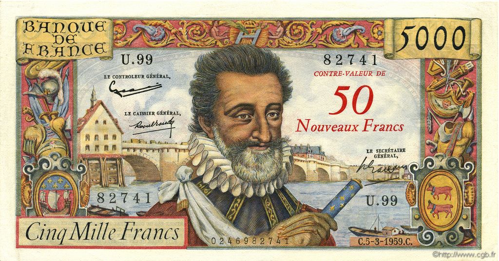 50 NF sur 5000 Francs HENRI IV FRANCIA  1959 F.54.02 EBC a SC