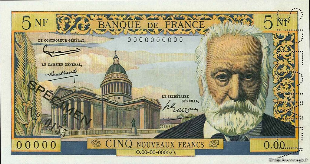 5 Nouveaux Francs VICTOR HUGO FRANCE  1959 F.56.01Spn UNC-