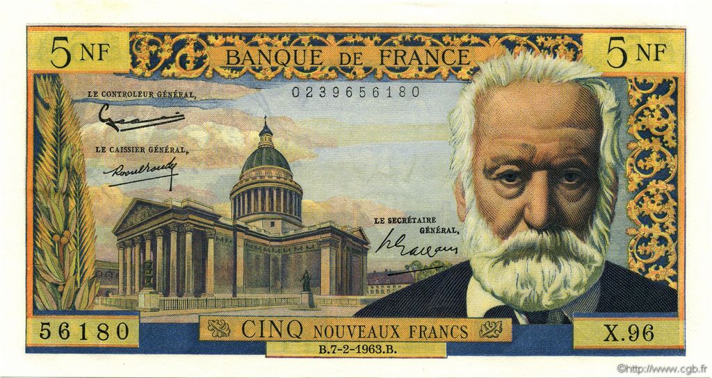 5 Nouveaux Francs VICTOR HUGO FRANCE  1963 F.56.13 UNC-