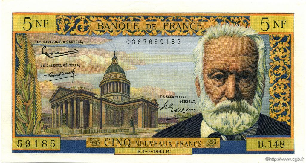 5 Nouveaux Francs VICTOR HUGO FRANCE  1965 F.56.19 UNC-