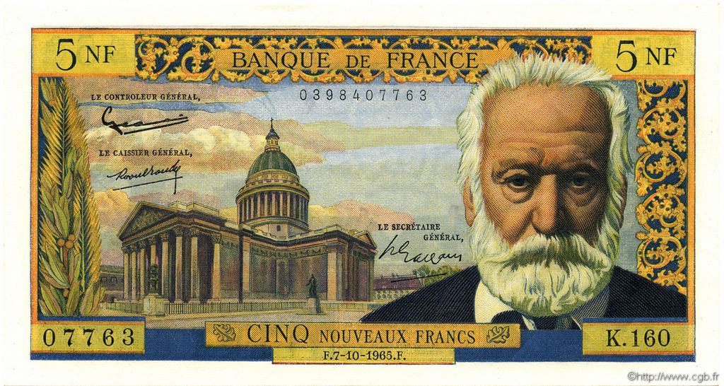 5 Nouveaux Francs VICTOR HUGO FRANCE  1965 F.56.20 AU