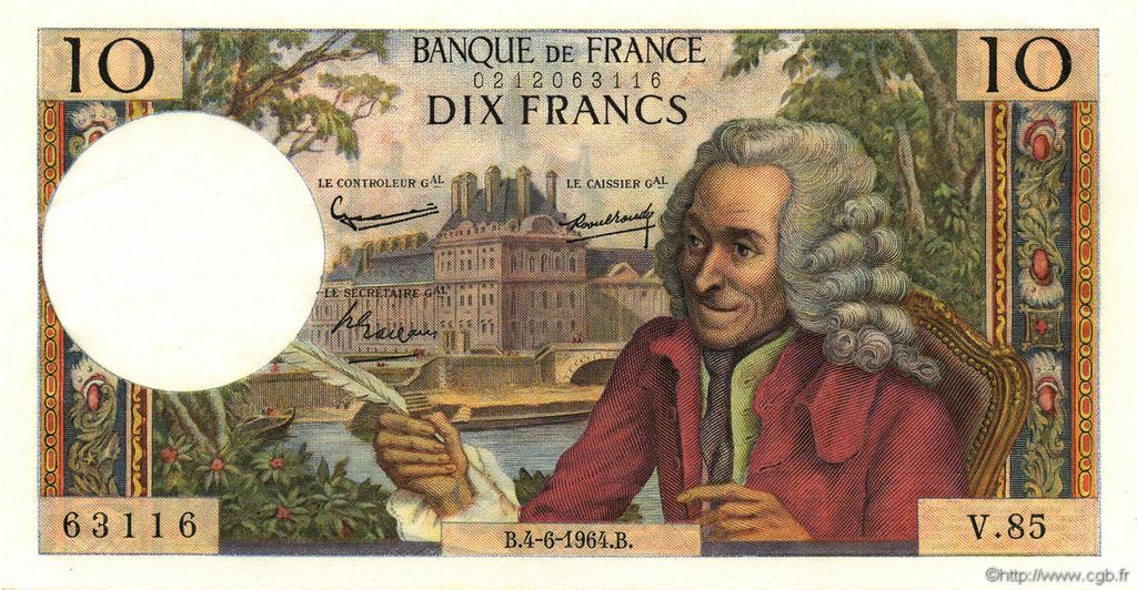 10 Francs VOLTAIRE FRANCE  1964 F.62.09 AU+