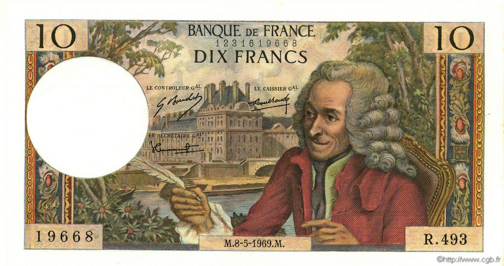 10 Francs VOLTAIRE FRANCE  1969 F.62.38 AU+