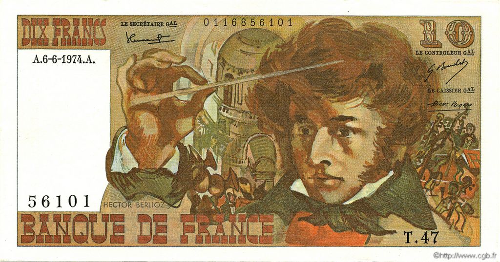 10 Francs BERLIOZ FRANCE  1974 F.63.05 AU+