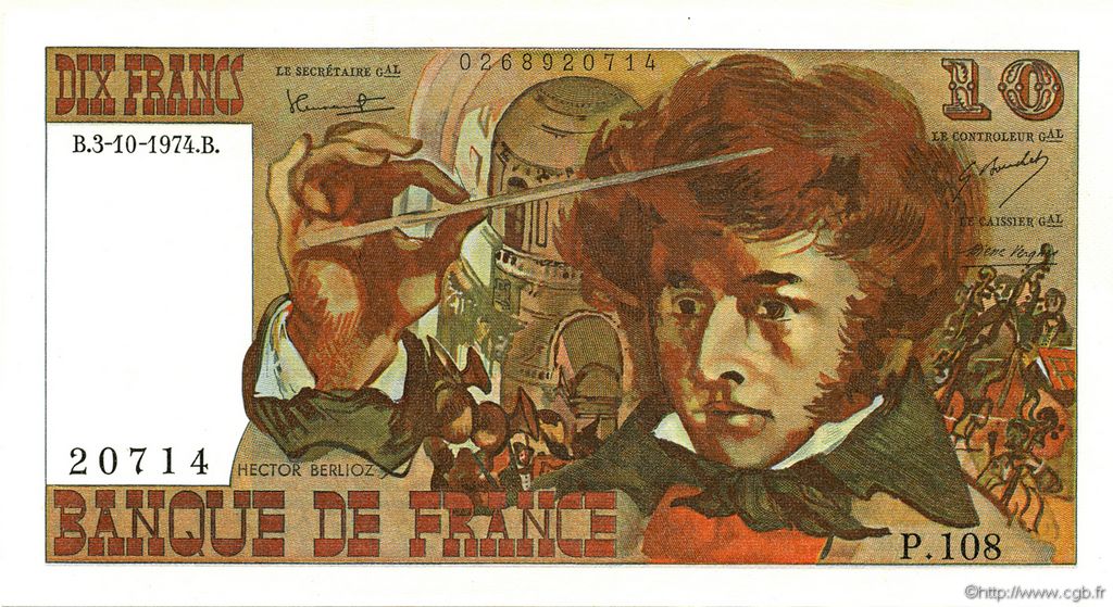 10 Francs BERLIOZ FRANCE  1974 F.63.07b UNC