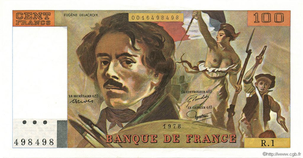 100 Francs DELACROIX FRANCE  1978 F.68.01 AU-