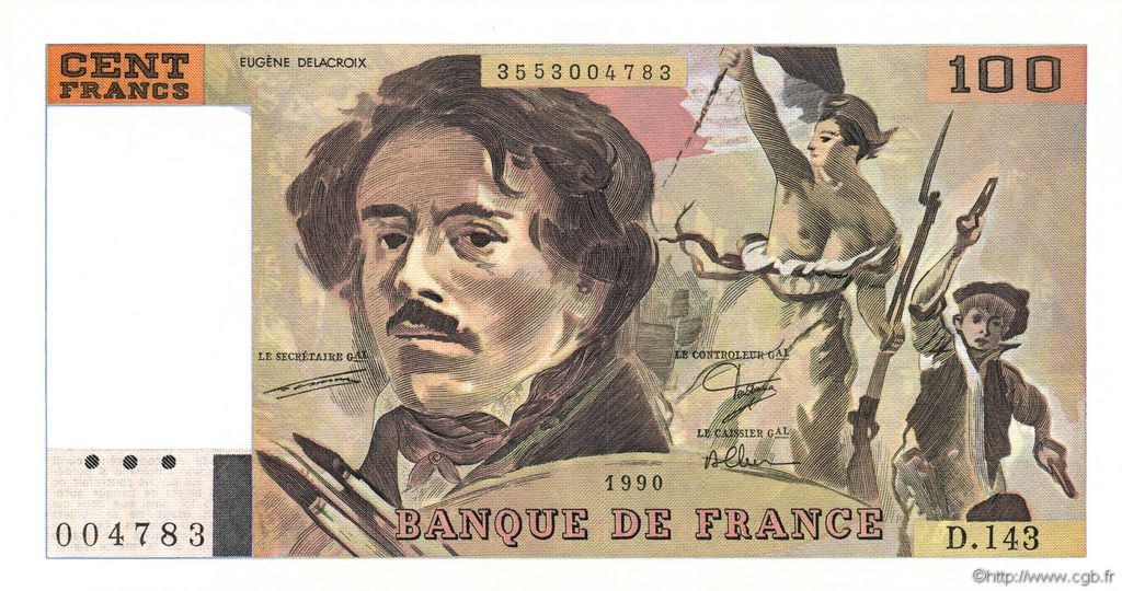 100 Francs DELACROIX imprimé en continu FRANCIA  1990 F.69bis.01bD FDC