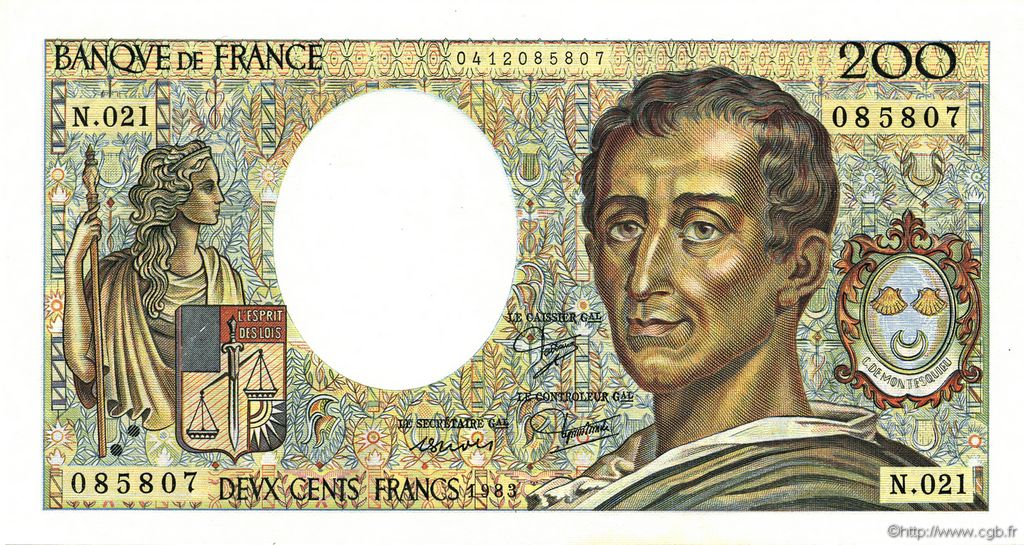 200 Francs MONTESQUIEU FRANCIA  1983 F.70.03 AU+