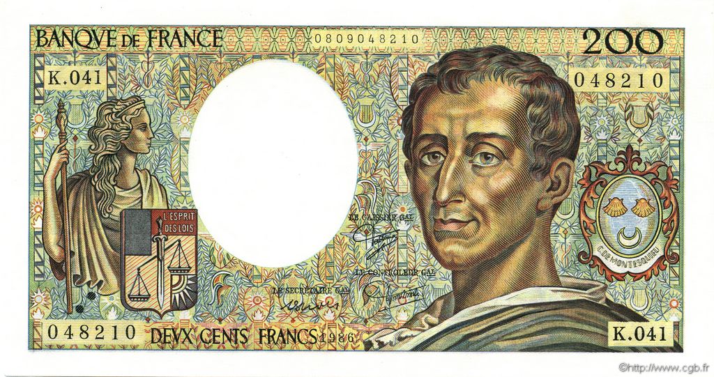 200 Francs MONTESQUIEU FRANCE  1986 F.70.06 AU+