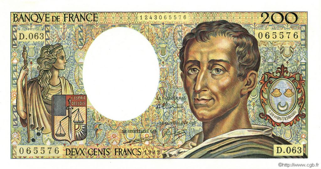 200 Francs MONTESQUIEU FRANCE  1989 F.70.09 UNC