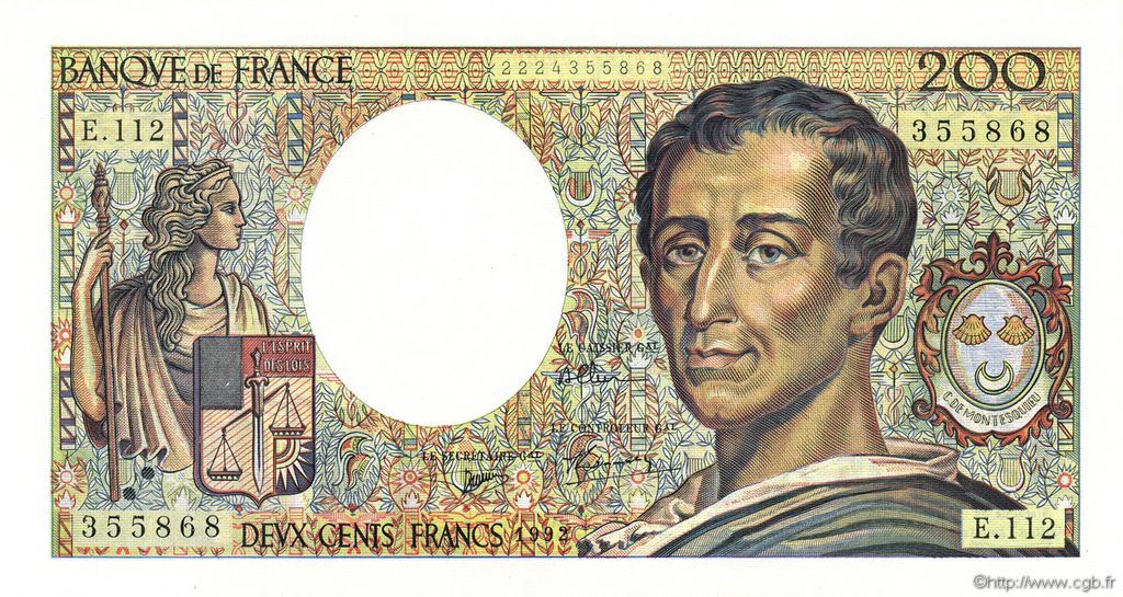 200 Francs MONTESQUIEU FRANCIA  1992 F.70.12a FDC