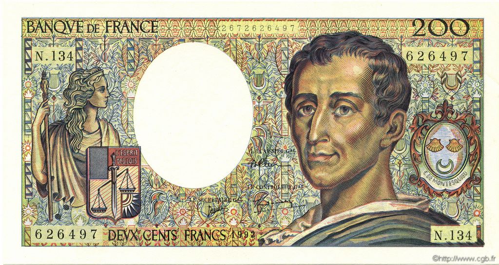 200 Francs MONTESQUIEU FRANCIA  1992 F.70.12c SC+
