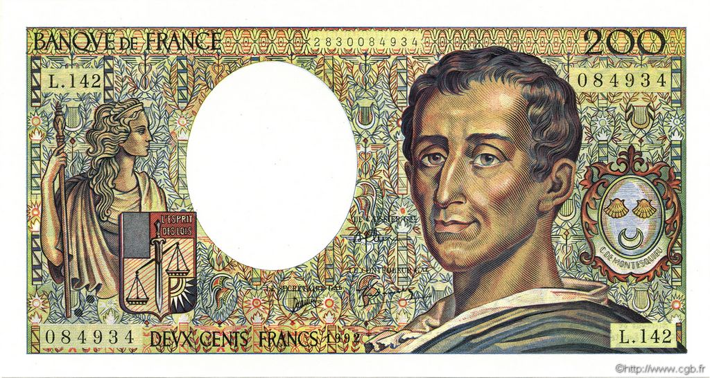 200 Francs MONTESQUIEU FRANCIA  1992 F.70.12c q.FDC