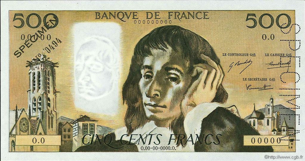 500 Francs PASCAL FRANKREICH  1968 F.71.01Spn ST