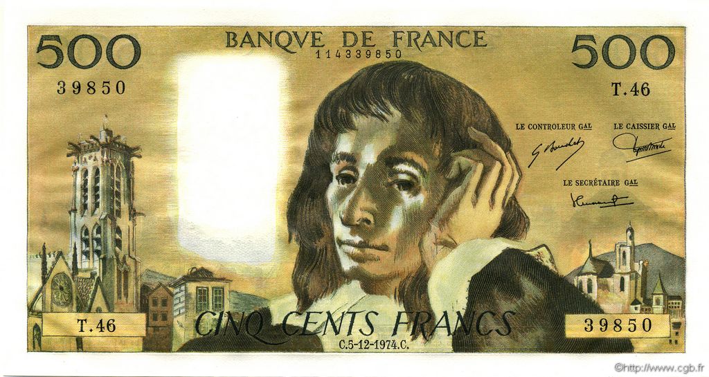 500 Francs PASCAL FRANCE  1974 F.71.12 UNC