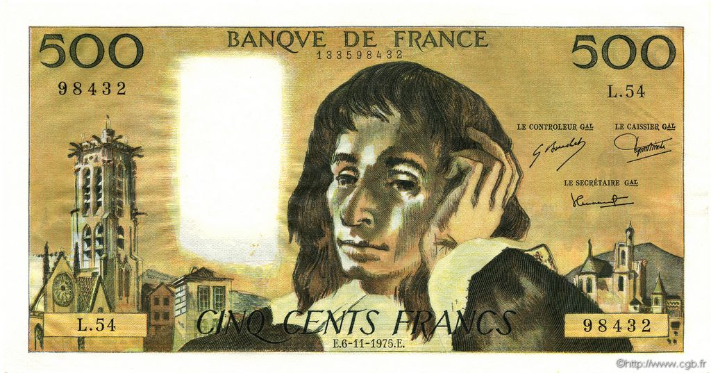 500 Francs PASCAL FRANCE  1975 F.71.13 AU+