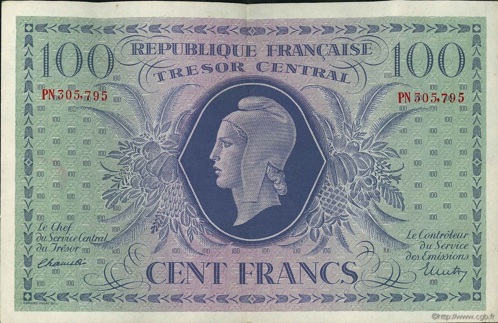 100 Francs MARIANNE FRANCE  1943 VF.06.01g XF-