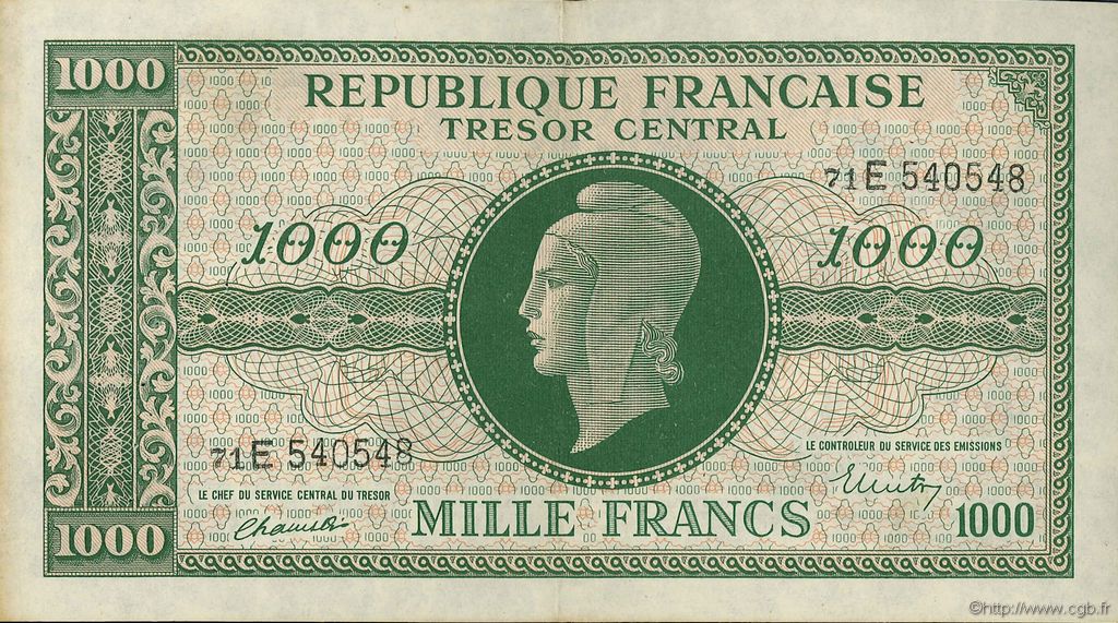 1000 Francs MARIANNE chiffres maigres FRANKREICH  1945 VF.13.02 fVZ
