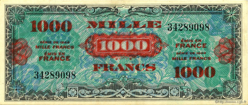 1000 Francs Drapeau FRANCE  1944 VF.22.01 XF+