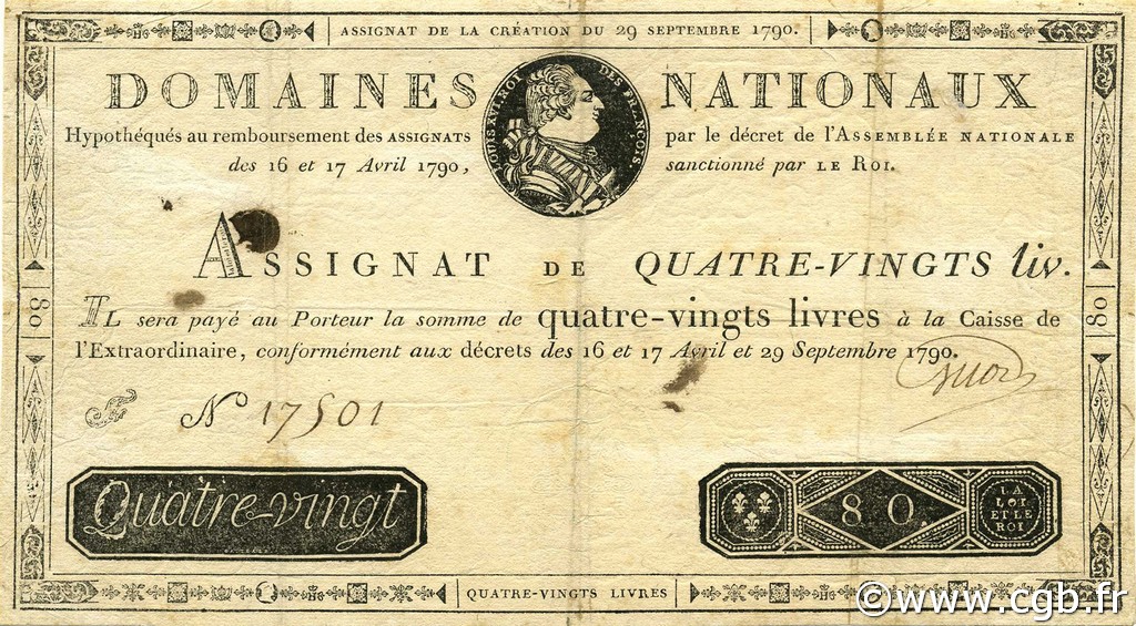 80 Livres FRANCE  1790 Ass.07a VF-