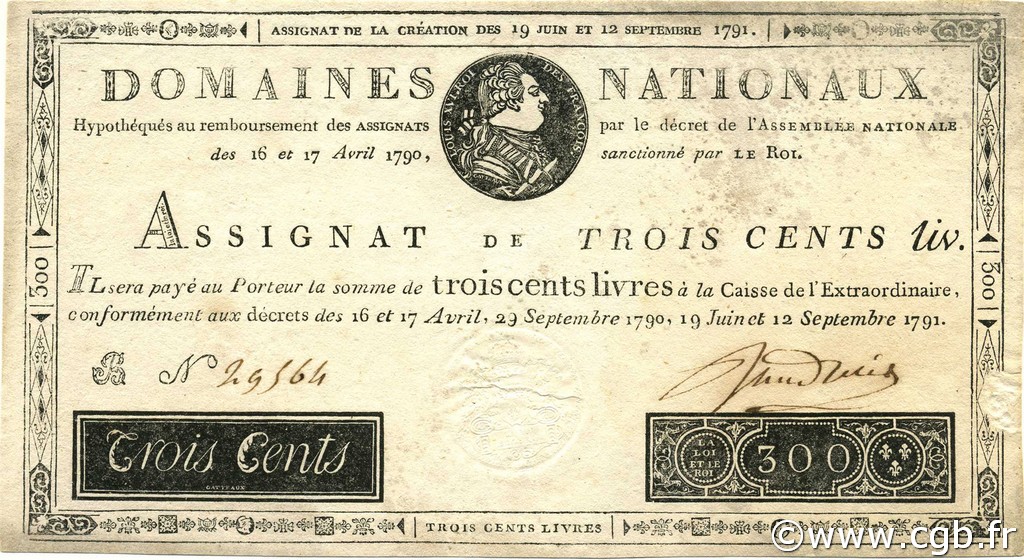 300 Livres FRANKREICH  1791 Ass.18a VZ