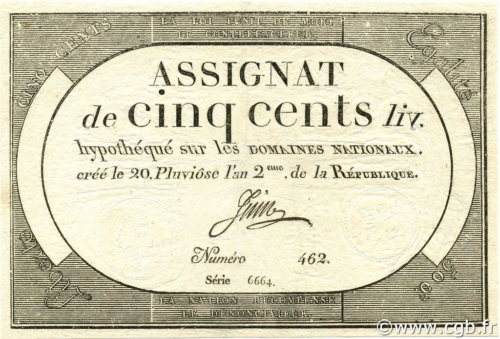 500 Livres FRANCE  1794 Ass.47a XF-