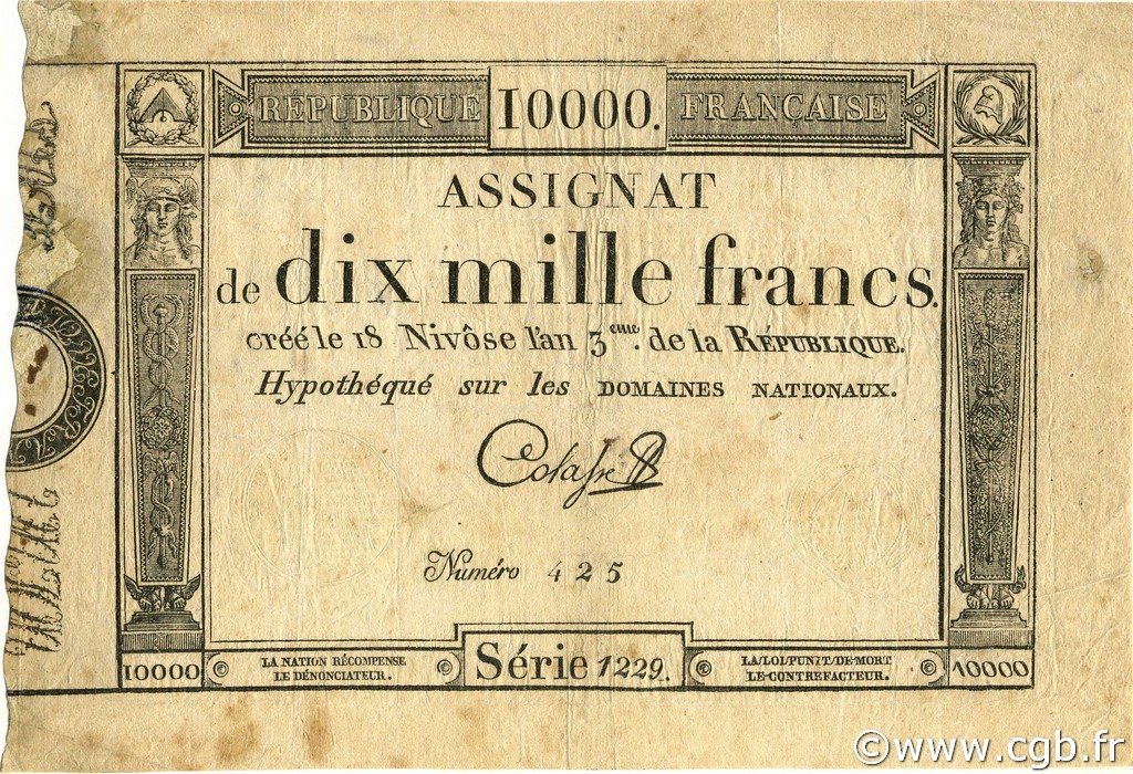 10000 Francs FRANCE  1795 Ass.52a F+