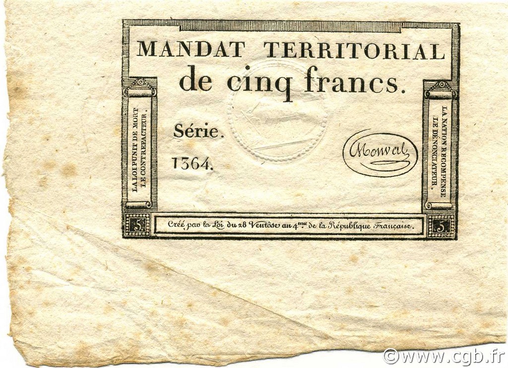 5 Francs Monval sans cachet FRANCIA  1796 Ass.63a EBC+