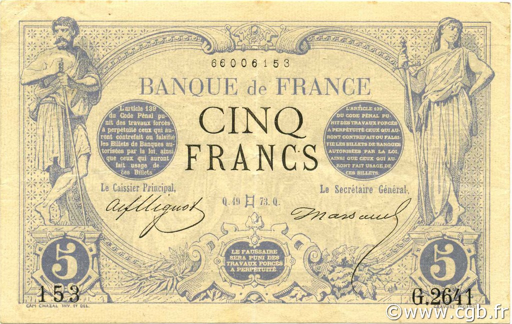5 Francs NOIR FRANKREICH  1873 F.01.18 VZ+