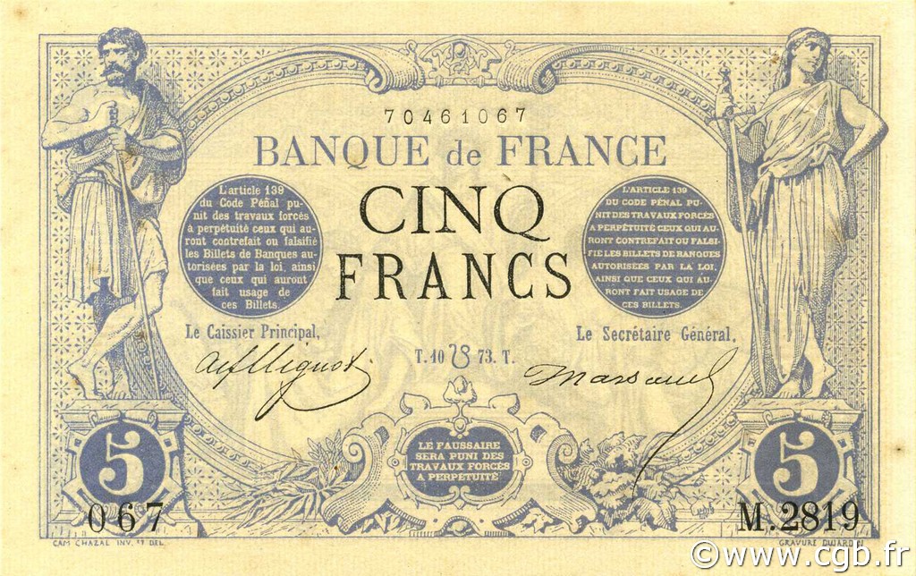 5 Francs NOIR FRANKREICH  1873 F.01.20 fST