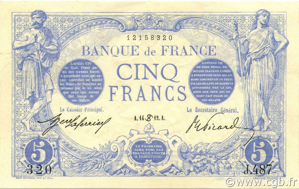 5 Francs BLEU FRANCE  1912 F.02.06 UNC-