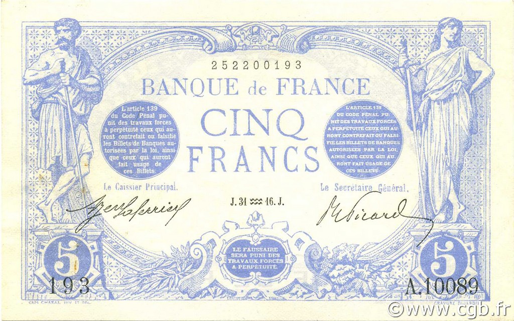 5 Francs BLEU FRANCIA  1916 F.02.35 EBC