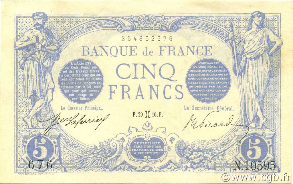 5 Francs BLEU FRANKREICH  1916 F.02.36 fST+