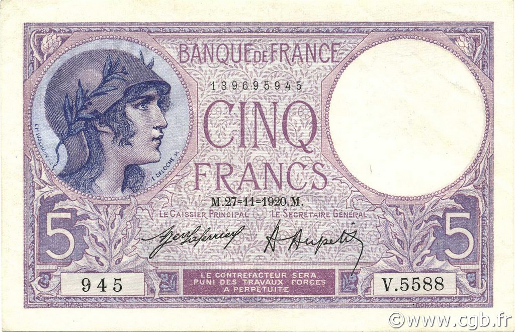 5 Francs FEMME CASQUÉE FRANCIA  1920 F.03.04 AU+