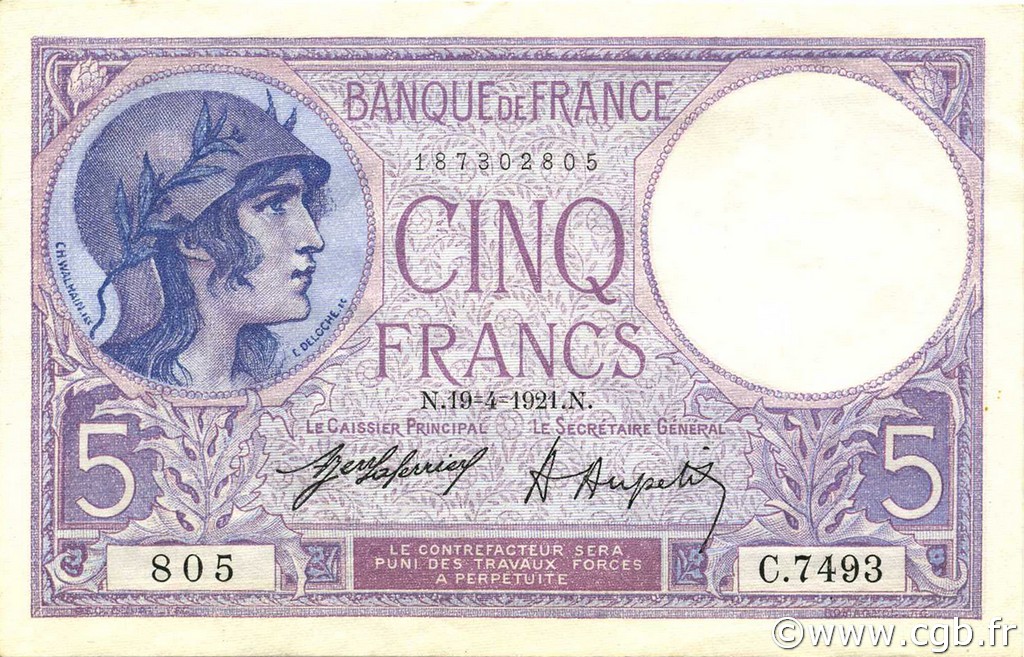 5 Francs FEMME CASQUÉE FRANKREICH  1921 F.03.05 VZ+