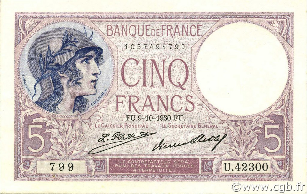 5 Francs FEMME CASQUÉE FRANCIA  1930 F.03.14 AU