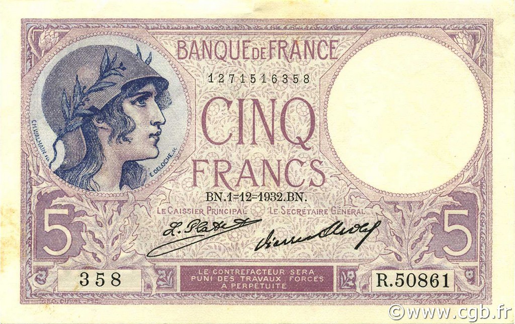 5 Francs FEMME CASQUÉE FRANCIA  1932 F.03.16 SC