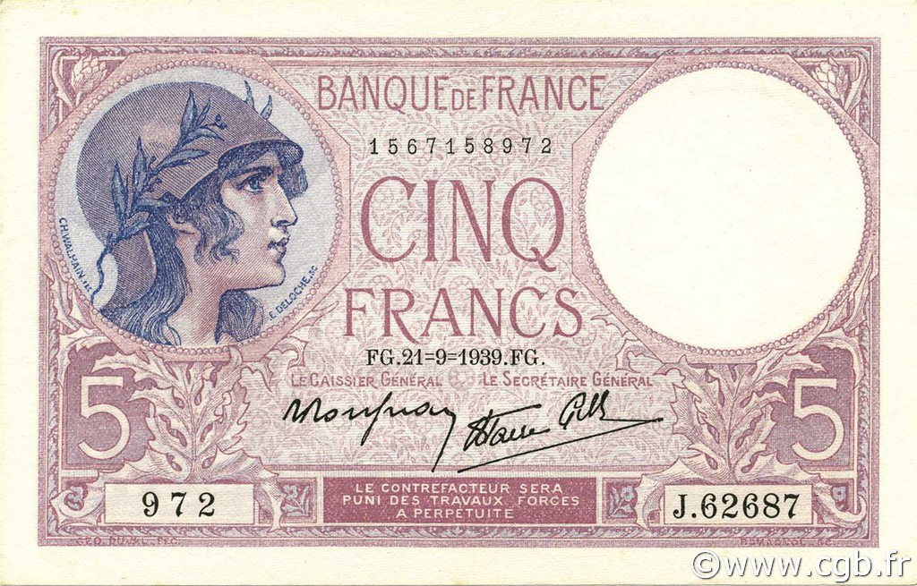 5 Francs FEMME CASQUÉE modifié FRANCIA  1939 F.04.09 SC+