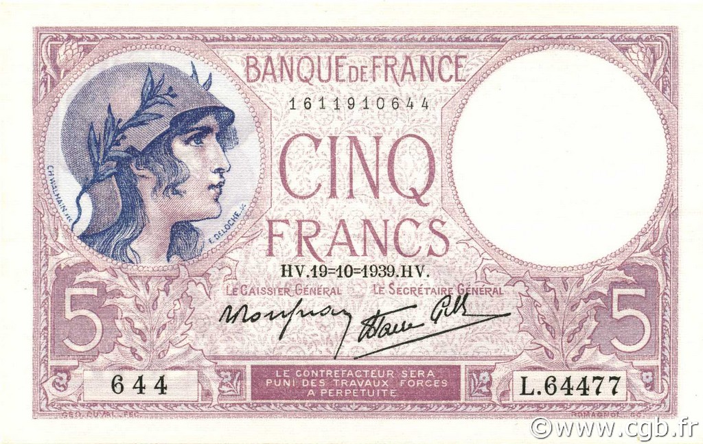 5 Francs FEMME CASQUÉE modifié FRANCE  1939 F.04.12 XF+
