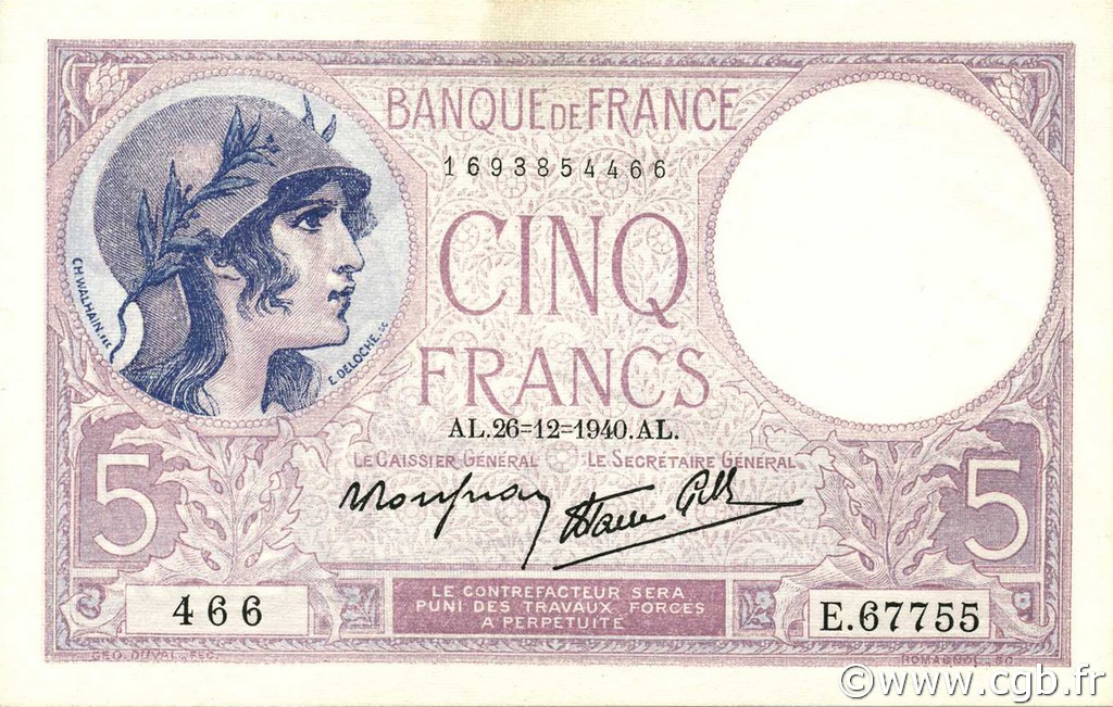 5 Francs FEMME CASQUÉE modifié FRANCIA  1940 F.04.18 AU