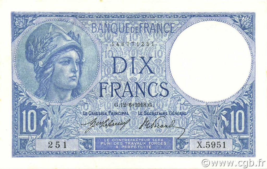 10 Francs MINERVE FRANCE  1918 F.06.03 UNC
