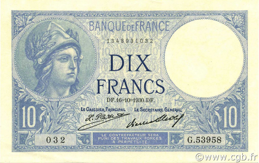 10 Francs MINERVE FRANCIA  1930 F.06.14 q.FDC