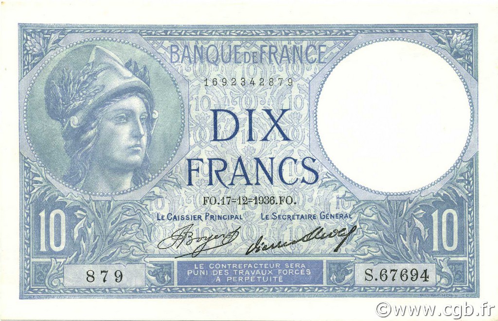 10 Francs MINERVE FRANCE  1936 F.06.17 AU