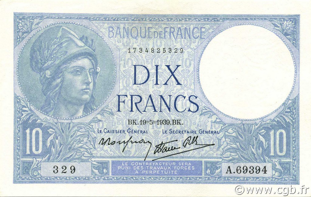 10 Francs MINERVE modifié FRANCE  1939 F.07.03 AU