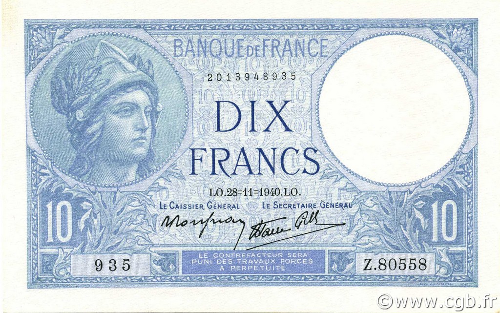 10 Francs MINERVE modifié FRANCE  1940 F.07.22 AU
