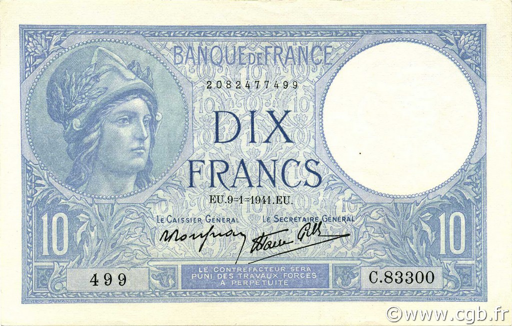 10 Francs MINERVE modifié FRANCIA  1941 F.07.27 SC+