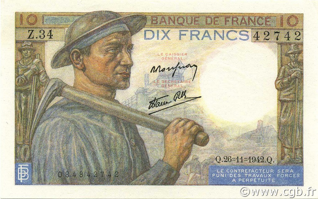 10 Francs MINEUR FRANKREICH  1942 F.08.06 fST+